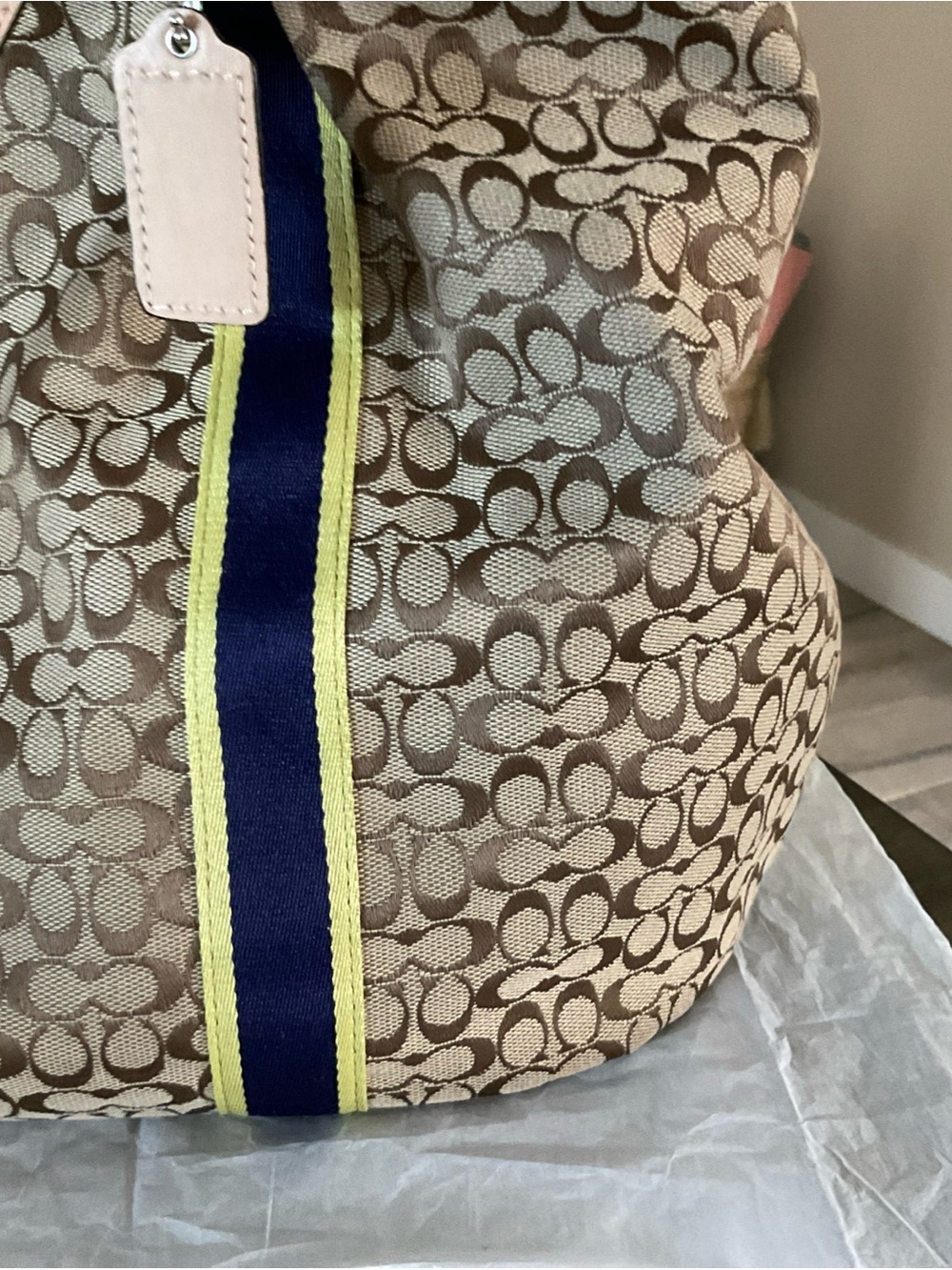 Coach Signature C Jacquard Canvas Tote Bag Tan Leather Trim Shoulder Bag - Picture 4 of 11